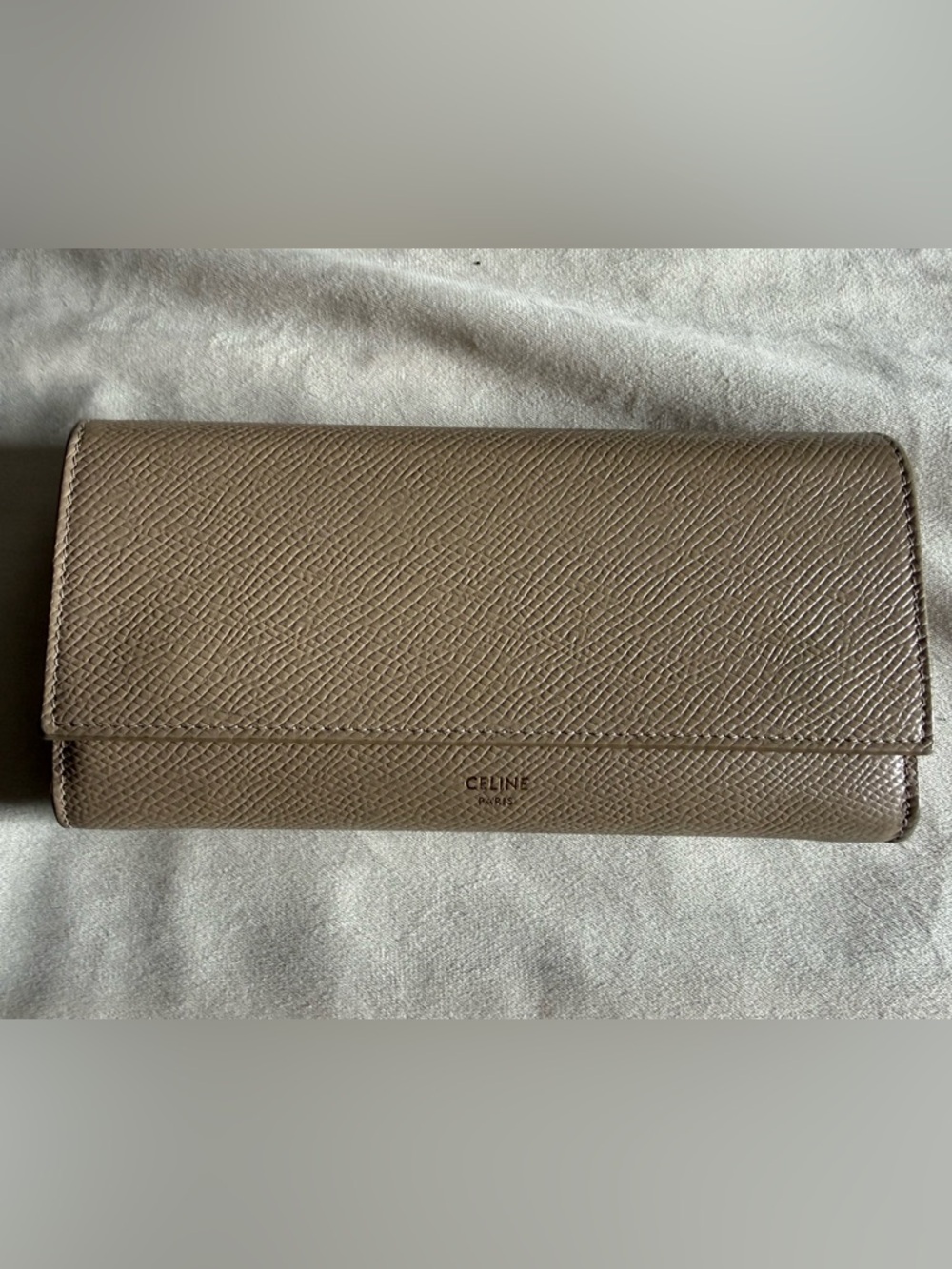 Celine Fold-Over Textured Leather Wallet in Taupe